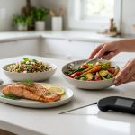 A photorealistic image of a meticulously prepared, diverse meal spread on a sleek, light-colored surface. Dishes like seared fish, vibrant roasted vegetables, and a grain salad are presented in modern vessels. Subtle wisps of steam rise from some dishes, and a minimalist digital thermometer and timer (with blank displays) are artfully placed, hinting at precision. Elegant hands delicately adjust a garnish, all bathed in soft, natural light, conveying sophisticated control and culinary mastery in a clean, minimalist kitchen setting.