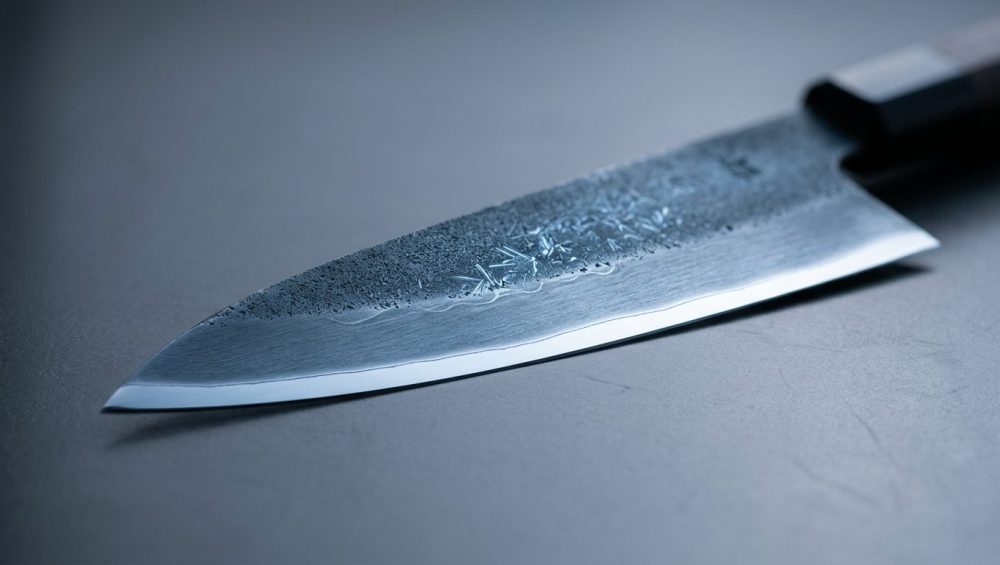 A hyperrealistic macro photograph of a pristine Japanese chef's knife blade with a mirror-polished edge and a deep blue-grey surface, revealing subtle, glowing internal patterns symbolizing its metallurgical properties. The blade rests on a sleek, dark laboratory surface, conveying a clean, scientific aesthetic.