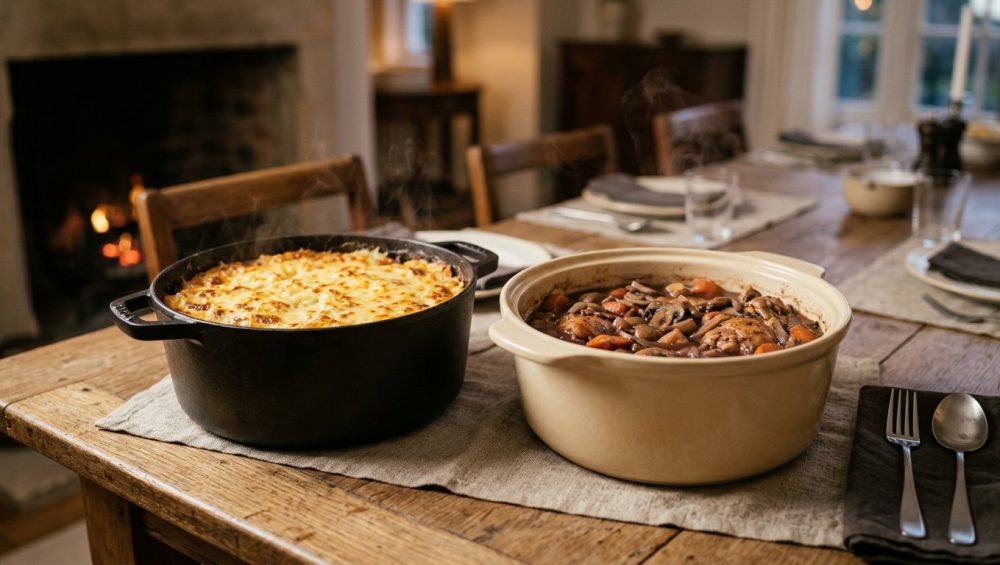 A photorealistic still life displays a steaming ceramic casserole and a dark cast-iron Dutch oven filled with warm food, set on a rustic wooden table with linen, ready for an inviting meal.