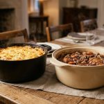A photorealistic still life displays a steaming ceramic casserole and a dark cast-iron Dutch oven filled with warm food, set on a rustic wooden table with linen, ready for an inviting meal.