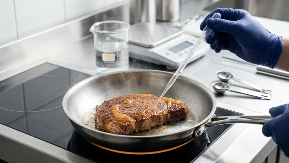 A perfectly seared, golden-brown piece of protein sizzles in a pristine stainless steel pan, displaying a uniform, crisp golden-amber crust. A gloved hand delicately mists the surface with a clear liquid from a sleek spray bottle, enhancing its sheen. In the softly blurred background, organized scientific culinary tools like a beaker, digital scale, and measuring spoons are visible. Bright, analytical lighting illuminates the modern kitchen/lab setting, with subtle steam rising and a warm glow beneath the pan, conveying scientific precision.