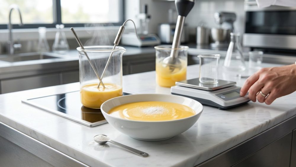 A photorealistic, close-up image of a perfectly smooth, glossy culinary emulsion in a minimalist bowl, with a tiny sprinkle of white xanthan gum on a precise measuring spoon. The subtly blurred background reveals a sophisticated, modern kitchen or lab setting with scientific instruments, including a digital scale, a steaming beaker with a thermometer, and a chef's hand, conveying culinary precision and art.