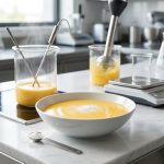 A photorealistic, close-up image of a perfectly smooth, glossy culinary emulsion in a minimalist bowl, with a tiny sprinkle of white xanthan gum on a precise measuring spoon. The subtly blurred background reveals a sophisticated, modern kitchen or lab setting with scientific instruments, including a digital scale, a steaming beaker with a thermometer, and a chef's hand, conveying culinary precision and art.