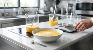 A photorealistic, close-up image of a perfectly smooth, glossy culinary emulsion in a minimalist bowl, with a tiny sprinkle of white xanthan gum on a precise measuring spoon. The subtly blurred background reveals a sophisticated, modern kitchen or lab setting with scientific instruments, including a digital scale, a steaming beaker with a thermometer, and a chef's hand, conveying culinary precision and art.