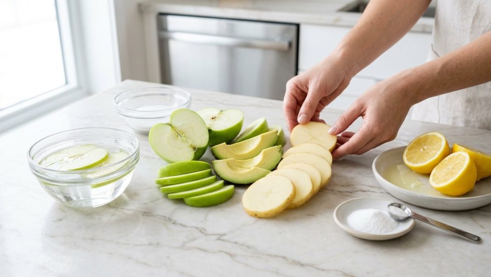 A beautifully composed photorealistic flat lay on a white marble counter, featuring pristine slices of green apple, avocado, and potato. Small dishes of clear water, lemon halves with juice, and ascorbic acid powder are artfully arranged nearby, illustrating fresh produce preservation.