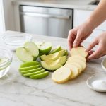 A beautifully composed photorealistic flat lay on a white marble counter, featuring pristine slices of green apple, avocado, and potato. Small dishes of clear water, lemon halves with juice, and ascorbic acid powder are artfully arranged nearby, illustrating fresh produce preservation.