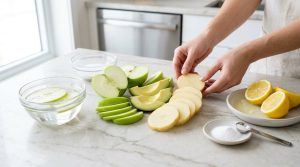 A beautifully composed photorealistic flat lay on a white marble counter, featuring pristine slices of green apple, avocado, and potato. Small dishes of clear water, lemon halves with juice, and ascorbic acid powder are artfully arranged nearby, illustrating fresh produce preservation.