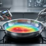 A gleaming multiclad stainless steel frying pan is the focus, featuring translucent holographic visualizations of heat distribution from vivid red to cool blue, showing precise temperature gradients, stress points, and molecular changes. Gloved hands expertly direct a futuristic thermal sensor at the pan in a minimalist, high-tech culinary lab with blurred scientific data displays in the background.