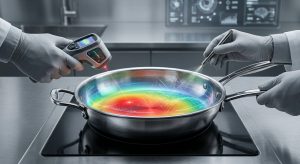 A gleaming multiclad stainless steel frying pan is the focus, featuring translucent holographic visualizations of heat distribution from vivid red to cool blue, showing precise temperature gradients, stress points, and molecular changes. Gloved hands expertly direct a futuristic thermal sensor at the pan in a minimalist, high-tech culinary lab with blurred scientific data displays in the background.