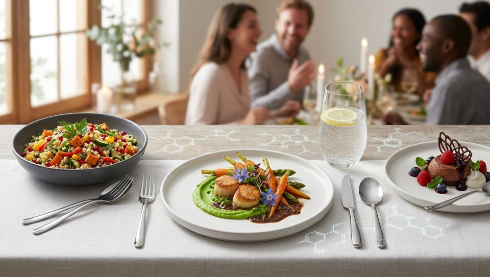 A photorealistic still life of a gourmet dinner table, featuring three exquisitely plated, allergy-friendly dishes: a vibrant plant-based main, a colorful grain salad, and an elegant dessert. They are served on pristine minimalist plates with gleaming stainless steel cutlery and crystal water glasses. Subtle molecular structures are woven into the sophisticated composition. A softly blurred background shows a warm, inviting dining space with happy, interacting silhouettes, creating an atmosphere of inclusive culinary precision.
