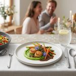 A photorealistic still life of a gourmet dinner table, featuring three exquisitely plated, allergy-friendly dishes: a vibrant plant-based main, a colorful grain salad, and an elegant dessert. They are served on pristine minimalist plates with gleaming stainless steel cutlery and crystal water glasses. Subtle molecular structures are woven into the sophisticated composition. A softly blurred background shows a warm, inviting dining space with happy, interacting silhouettes, creating an atmosphere of inclusive culinary precision.