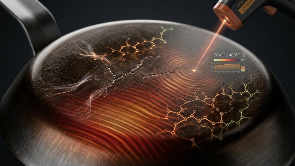 A highly detailed, photorealistic macro shot of a seasoned carbon steel skillet surface, viewed with scientific precision. The deep brown-black polymerized oil seasoning is overlaid with shimmering red-orange heat waves and glowing blue-green molecular bonds. Subtle micro-fractures appear as wisps of light, highlighting structural vulnerabilities. The cool metallic steel subtly reflects a precise temperature control beam, conveying advanced technical analysis.