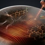 A highly detailed, photorealistic macro shot of a seasoned carbon steel skillet surface, viewed with scientific precision. The deep brown-black polymerized oil seasoning is overlaid with shimmering red-orange heat waves and glowing blue-green molecular bonds. Subtle micro-fractures appear as wisps of light, highlighting structural vulnerabilities. The cool metallic steel subtly reflects a precise temperature control beam, conveying advanced technical analysis.