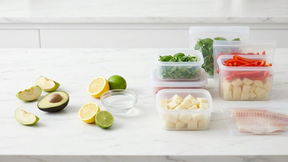 A clean, hyper-realistic still life photograph on a light kitchen counter, contrasting initial enzymatic browning with effective preservation. On one side, green apple slices and a halved avocado show faint discoloration, alongside fresh lemon and lime halves and an acidic solution. On the other, vibrant, perfectly fresh chopped basil, bell pepper strips, potato cubes, and a fish fillet are impeccably preserved in transparent silicone containers.