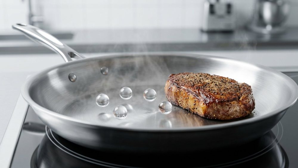 A hyper-realistic close-up of a hot stainless steel skillet, showing spherical water droplets hovering and dancing due to the Leidenfrost effect, next to a perfectly seared golden-brown protein with a crisp crust. A subtle heat haze rises from the pan.