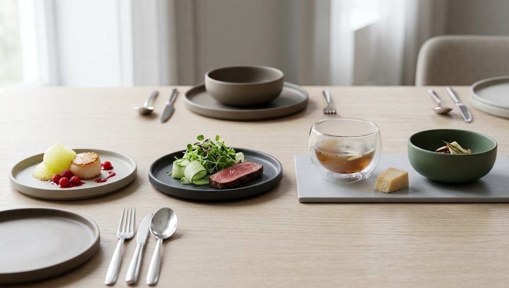 A photorealistic, close-up view of a sophisticated, minimalist dining table setting. Exquisitely plated individual gourmet dishes showcase vibrant acidic elements next to rich savory components, and crisp cool vegetables paired with warm proteins. They are served on a curated selection of high-grade vessels, including matte ceramic plates, polished stainless steel cutlery, clear borosilicate glass, and smooth slate or light wood boards. Soft, natural diffused light highlights fine textures and subtle reflections against a softly blurred elegant background, conveying refined culinary artistry.
