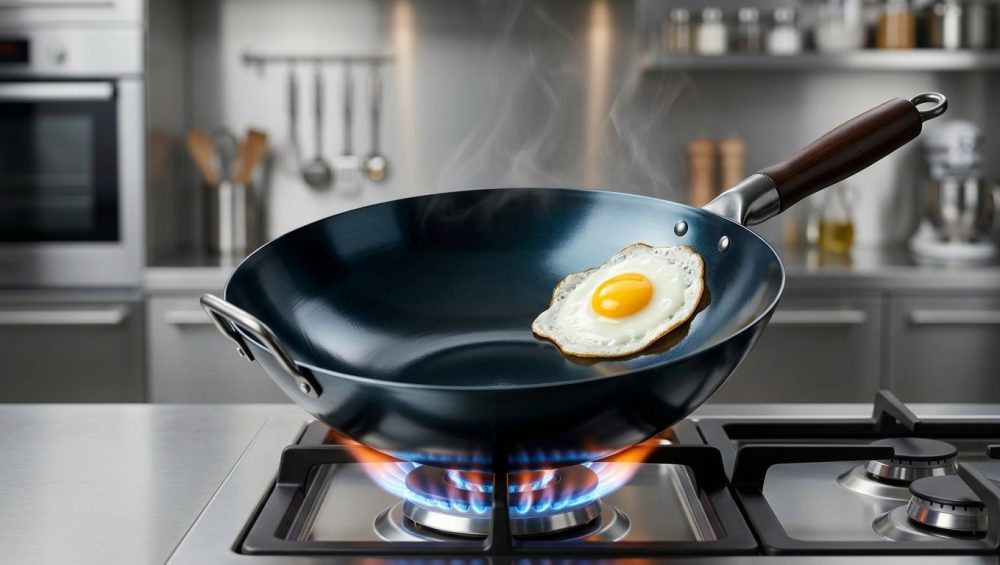 A pristine, deep black carbon steel wok with a lustrous, glass-like non-stick patina. A perfectly fried egg or golden fried rice effortlessly slides across its surface, leaving no residue. The wok sits over a high-flame gas burner in a softly blurred modern kitchen, dramatically lit.