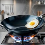 A pristine, deep black carbon steel wok with a lustrous, glass-like non-stick patina. A perfectly fried egg or golden fried rice effortlessly slides across its surface, leaving no residue. The wok sits over a high-flame gas burner in a softly blurred modern kitchen, dramatically lit.