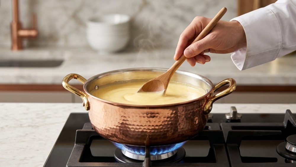 A hyper-detailed close-up of a pristine, hand-hammered copper saucepan, gleaming under soft light, as a chef's hand gently stirs a perfectly smooth, creamy pale yellow sauce inside with a wooden spoon, over a low blue gas flame in a high-end kitchen, conveying culinary precision and luxury.