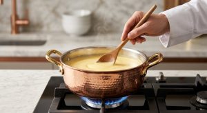 A hyper-detailed close-up of a pristine, hand-hammered copper saucepan, gleaming under soft light, as a chef's hand gently stirs a perfectly smooth, creamy pale yellow sauce inside with a wooden spoon, over a low blue gas flame in a high-end kitchen, conveying culinary precision and luxury.