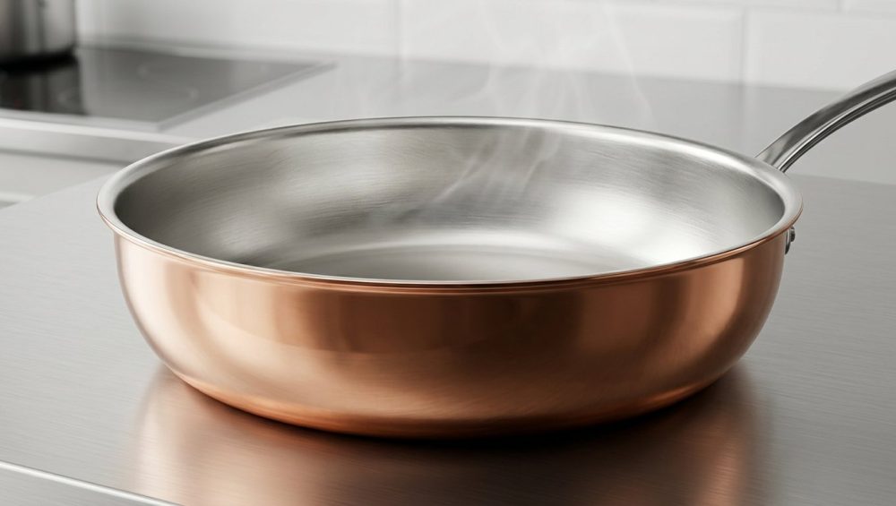 A photorealistic close-up, looking down into a gleaming, polished copper pan with a pristine, silvery tin interior. A subtle heat shimmer rises from the perfectly smooth tin. The pan sits on a dark, minimalist surface, bathed in soft studio light, highlighting its unblemished quality and scientific elegance.