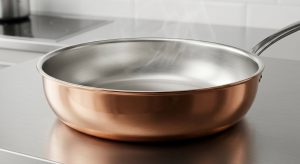 A photorealistic close-up, looking down into a gleaming, polished copper pan with a pristine, silvery tin interior. A subtle heat shimmer rises from the perfectly smooth tin. The pan sits on a dark, minimalist surface, bathed in soft studio light, highlighting its unblemished quality and scientific elegance.