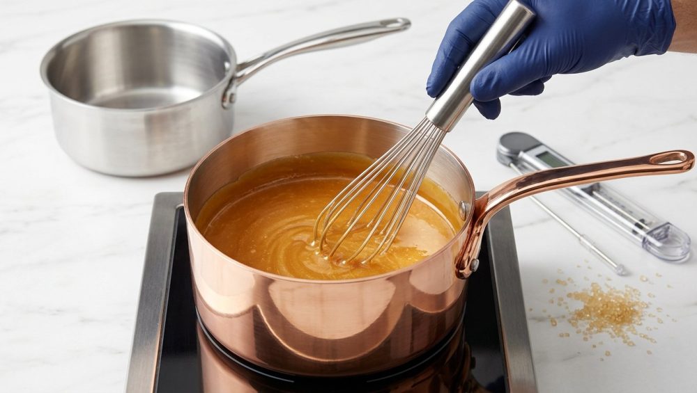 A hyper-realistic close-up of a gleaming copper saucepan filled with shimmering golden caramel being stirred by a whisk. A digital thermometer and sugar crystals rest on a white marble counter, with a blurred stainless steel pot in the background, conveying culinary precision.