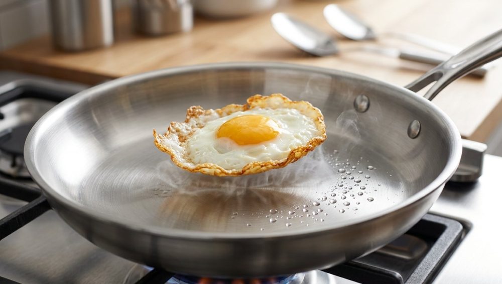 A photorealistic close-up of a perfectly cooked fried egg effortlessly sliding across a pristine, uncoated stainless steel frying pan. A visible steam cushion prevents adhesion beneath the egg, while nearby dancing water droplets demonstrate the Leidenfrost effect on the intensely hot metal.