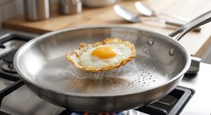 A photorealistic close-up of a perfectly cooked fried egg effortlessly sliding across a pristine, uncoated stainless steel frying pan. A visible steam cushion prevents adhesion beneath the egg, while nearby dancing water droplets demonstrate the Leidenfrost effect on the intensely hot metal.
