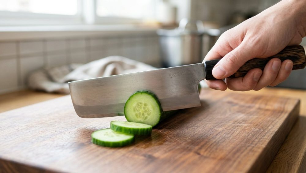 A photorealistic close-up shows a traditional Japanese Nakiri knife mid-stroke, making a precise cut through a fresh vegetable on a wooden board. The knife's flat, razor-sharp high-carbon steel blade and ergonomic grip are highlighted in a clean, naturally lit kitchen.