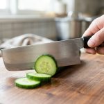 A photorealistic close-up shows a traditional Japanese Nakiri knife mid-stroke, making a precise cut through a fresh vegetable on a wooden board. The knife's flat, razor-sharp high-carbon steel blade and ergonomic grip are highlighted in a clean, naturally lit kitchen.