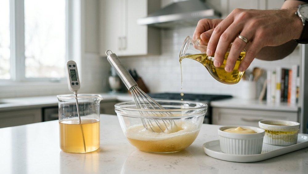 A minimalist kitchen scene shows the process of making vegan emulsifications. Gender-neutral hands precisely whisk aquafaba in a glass bowl as golden oil drips in, creating a frothy vortex. Nearby, a beaker of aquafaba contains a digital thermometer. Two ramekins showcase the results: one with a perfectly emulsified, glossy vegan sauce, and the other with a clearly separated, weeping sauce. The background hints at a modern, clean kitchen.