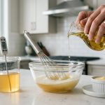 A minimalist kitchen scene shows the process of making vegan emulsifications. Gender-neutral hands precisely whisk aquafaba in a glass bowl as golden oil drips in, creating a frothy vortex. Nearby, a beaker of aquafaba contains a digital thermometer. Two ramekins showcase the results: one with a perfectly emulsified, glossy vegan sauce, and the other with a clearly separated, weeping sauce. The background hints at a modern, clean kitchen.
