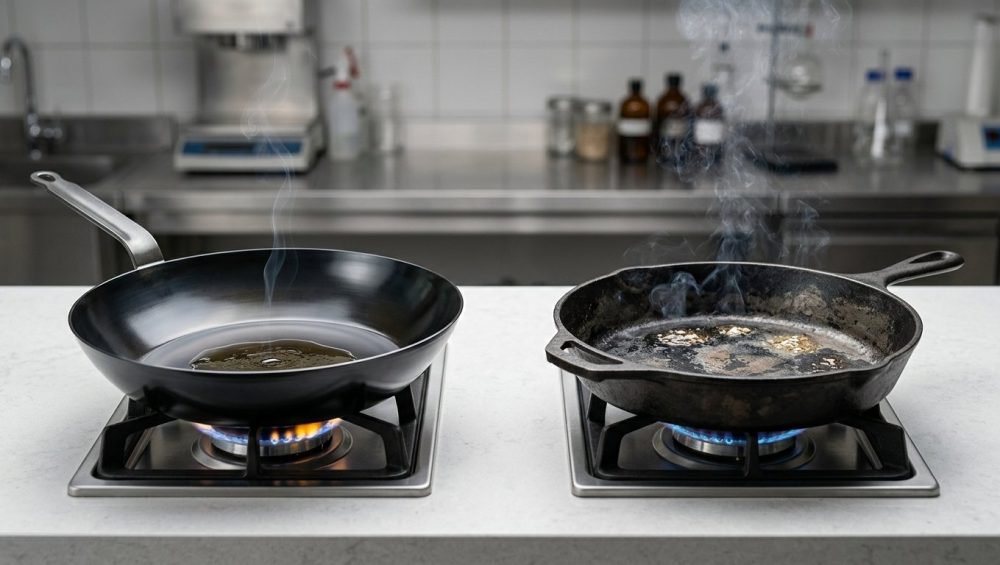 A high-contrast, photorealistic studio comparison of two skillets. On the left, a sleek carbon steel skillet with a uniformly deep black, mirror-like seasoning shows even heat. On the right, a rugged cast iron skillet has patchy seasoning and inconsistent heating with visible hot spots.