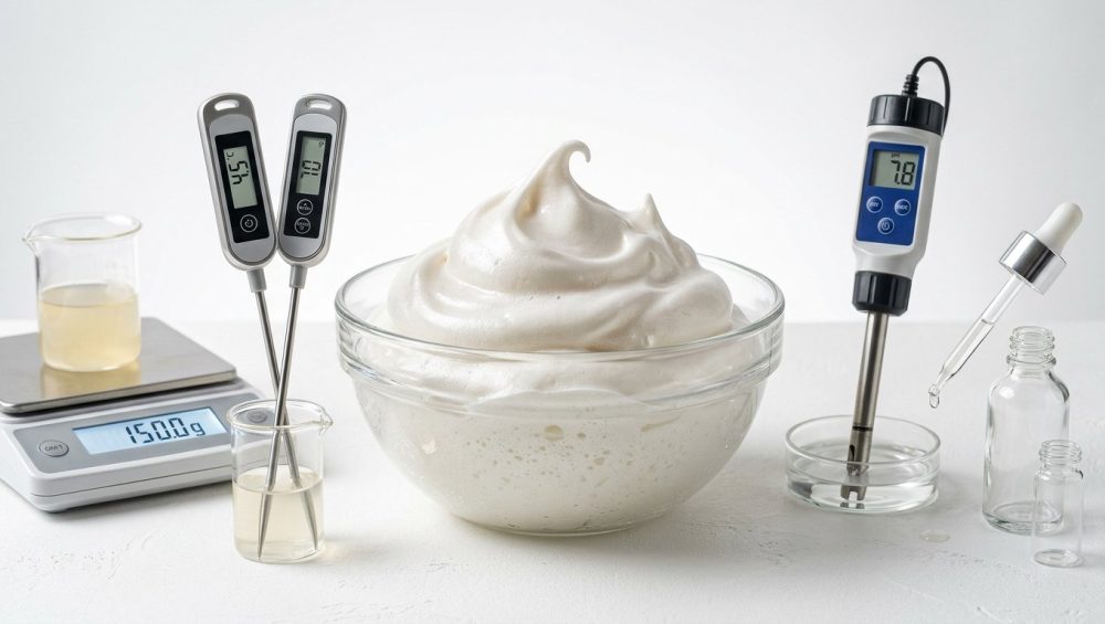 A clean, photorealistic studio shot featuring a perfectly stable aquafaba meringue in a clear glass bowl, surrounded by a precision digital scale, thermometer, and pH meter with visible numerical readouts, conveying scientific rigor in vegan baking.