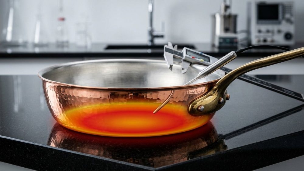A photorealistic, close-up image of an exquisite, hand-hammered copper sauté pan centered on a sleek, dark reflective laboratory surface. Its polished copper exterior, with a classic brass handle, shows subtle hammered textures. A subtle thermal imaging overlay of reds and yellows depicts perfectly even heat distribution across its base. The pan's interior reveals a pristine, silvery tin lining, while precision metallurgical instruments, like a digital caliper, rest on its rim. The scene is rendered with razor-sharp detail and dramatic, high-contrast lighting, set against a softly blurred, minimalist high-tech lab background, conveying scientific rigor and premium craftsmanship.