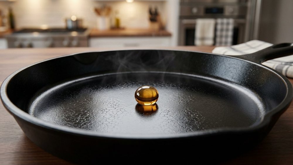 A photorealistic close-up of a lustrous, deep black cast iron skillet surface with a subtle, almost crystalline texture. A single, perfectly spherical golden oil droplet is suspended on the surface, reflecting ambient light. A faint heat haze shimmers just above the pan, set against a softly blurred background.