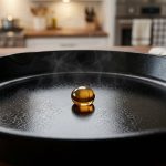 A photorealistic close-up of a lustrous, deep black cast iron skillet surface with a subtle, almost crystalline texture. A single, perfectly spherical golden oil droplet is suspended on the surface, reflecting ambient light. A faint heat haze shimmers just above the pan, set against a softly blurred background.