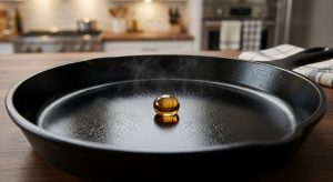 A photorealistic close-up of a lustrous, deep black cast iron skillet surface with a subtle, almost crystalline texture. A single, perfectly spherical golden oil droplet is suspended on the surface, reflecting ambient light. A faint heat haze shimmers just above the pan, set against a softly blurred background.
