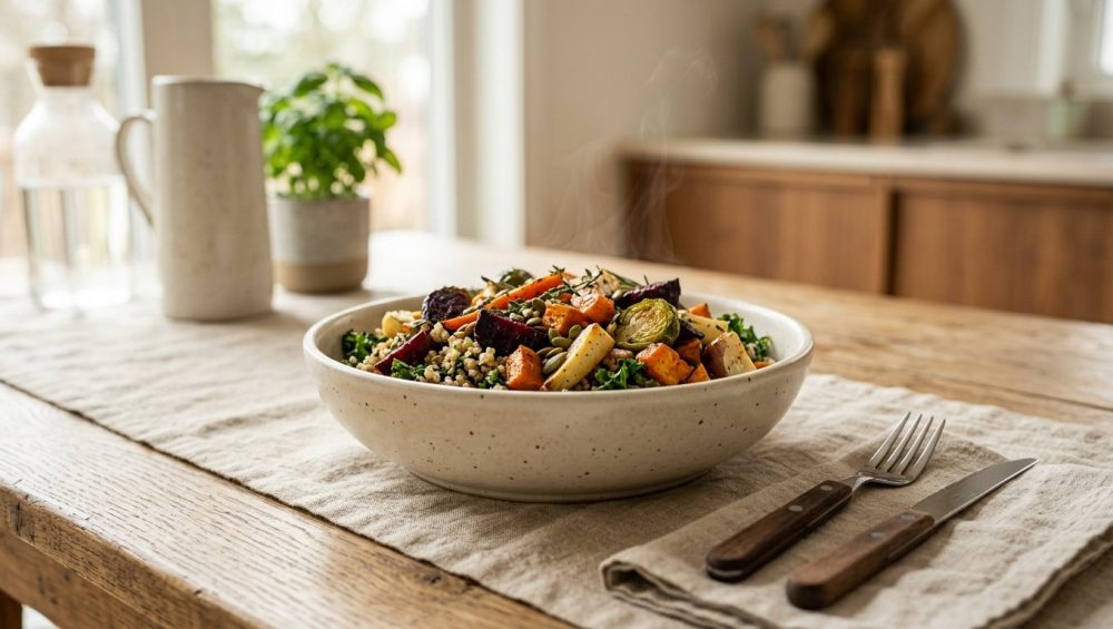 A photorealistic image of a minimalist, earthy-toned ceramic dish filled with a vibrant, freshly prepared meal. A subtle wisp of steam rises from the invitingly warm food. The artisanal ceramic has a soft, matte finish and rests on a clean, natural wood surface, illuminated by soft, diffused natural light. The scene conveys serene elegance and wholesome well-being.