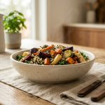 A photorealistic image of a minimalist, earthy-toned ceramic dish filled with a vibrant, freshly prepared meal. A subtle wisp of steam rises from the invitingly warm food. The artisanal ceramic has a soft, matte finish and rests on a clean, natural wood surface, illuminated by soft, diffused natural light. The scene conveys serene elegance and wholesome well-being.