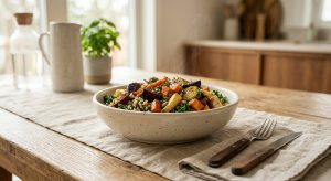 A photorealistic image of a minimalist, earthy-toned ceramic dish filled with a vibrant, freshly prepared meal. A subtle wisp of steam rises from the invitingly warm food. The artisanal ceramic has a soft, matte finish and rests on a clean, natural wood surface, illuminated by soft, diffused natural light. The scene conveys serene elegance and wholesome well-being.