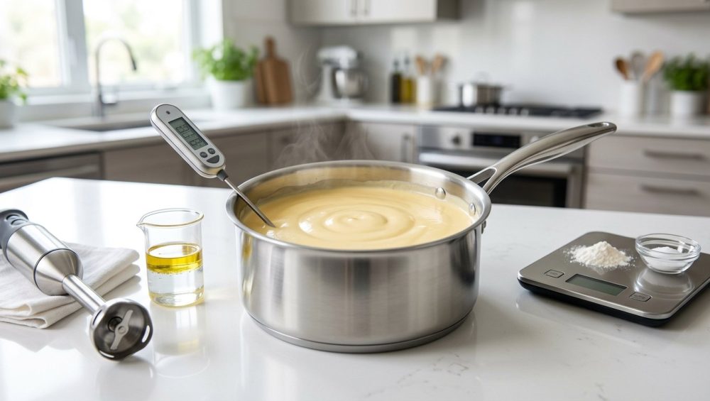 A photorealistic image showing a perfectly emulsified, steaming creamy sauce in a sleek stainless steel saucepan. Nearby, a digital thermometer, an immersion blender, and a beaker with separated oil and water sit on a pristine white countertop, emphasizing scientific precision in modern cooking.