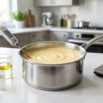 A photorealistic image showing a perfectly emulsified, steaming creamy sauce in a sleek stainless steel saucepan. Nearby, a digital thermometer, an immersion blender, and a beaker with separated oil and water sit on a pristine white countertop, emphasizing scientific precision in modern cooking.