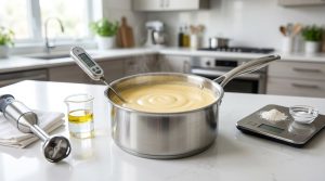 A photorealistic image showing a perfectly emulsified, steaming creamy sauce in a sleek stainless steel saucepan. Nearby, a digital thermometer, an immersion blender, and a beaker with separated oil and water sit on a pristine white countertop, emphasizing scientific precision in modern cooking.