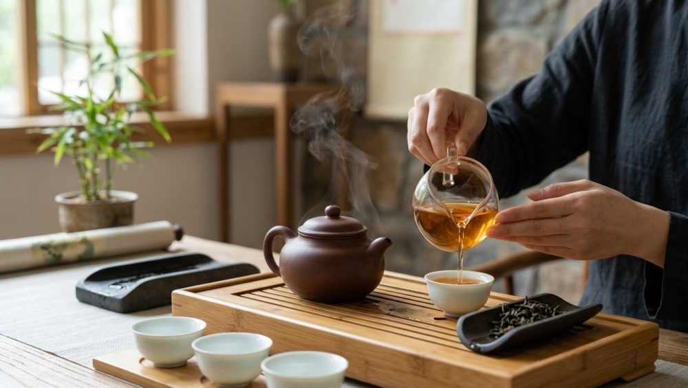 An ultra-photorealistic close-up of a Gongfu Cha ceremony, featuring a steaming, earthy Yixing teapot, small cups, and a host's hands precisely pouring vibrant amber tea, all bathed in soft, natural light against a tranquil, blurred background.