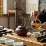 An ultra-photorealistic close-up of a Gongfu Cha ceremony, featuring a steaming, earthy Yixing teapot, small cups, and a host's hands precisely pouring vibrant amber tea, all bathed in soft, natural light against a tranquil, blurred background.