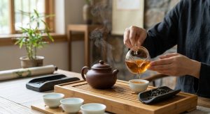 An ultra-photorealistic close-up of a Gongfu Cha ceremony, featuring a steaming, earthy Yixing teapot, small cups, and a host's hands precisely pouring vibrant amber tea, all bathed in soft, natural light against a tranquil, blurred background.