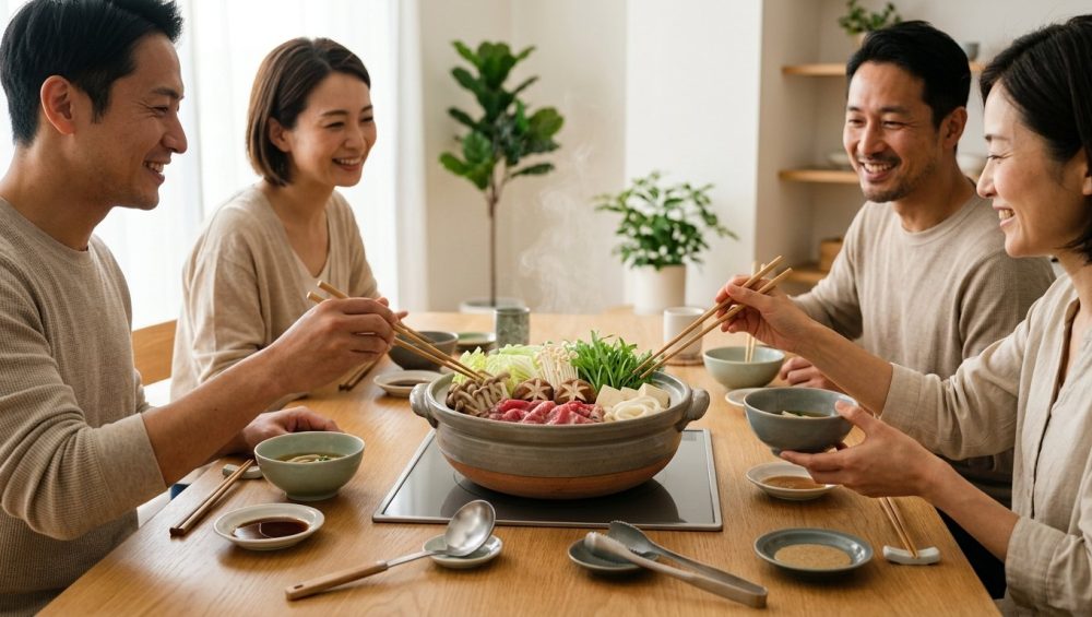 An ultra-photorealistic, high-detail image of a serene communal dining experience. At the center, a gently steaming Japanese donabe pot, filled with Wagyu, fresh vegetables, and udon, rests on a modern wood table with an integrated cooktop. Around the table, three to four adults mindfully use chopsticks, smiling and conversing in soft, natural daylight, conveying a sense of shared well-being.
