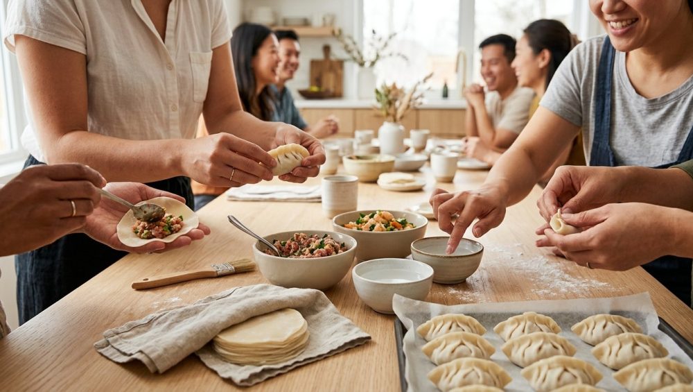 A close-up, photorealistic image of diverse hands delicately folding fresh dumplings around a clean, light-toned kitchen island in a modern home. Various stages of folding are shown, with pliable wrappers, vibrant fillings (meat, vegetables, shrimp), and neatly arranged ingredients. The scene is warm, inviting, and communal, bathed in soft natural light, emphasizing shared cooking and joy.